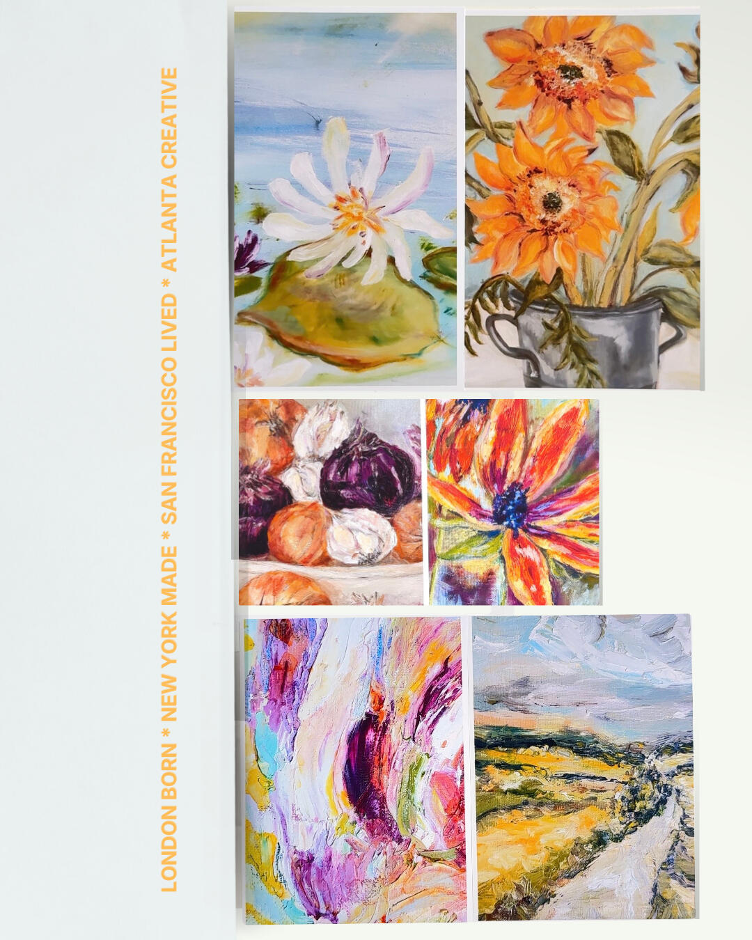assorted art images of paintings in a folded envelope with the words London born, New York made, San Francisco lived, Atlanta creative.